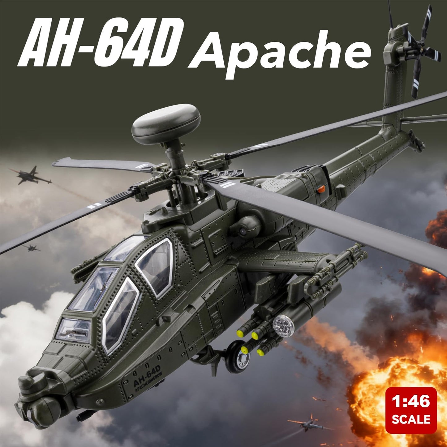 AH-64 Apache Attack Helicopter Diecast Model Airplane Toy, 1:46 Plane Military Fighter Jet Toy, Light and Sound for Kids 3+ (Gray)