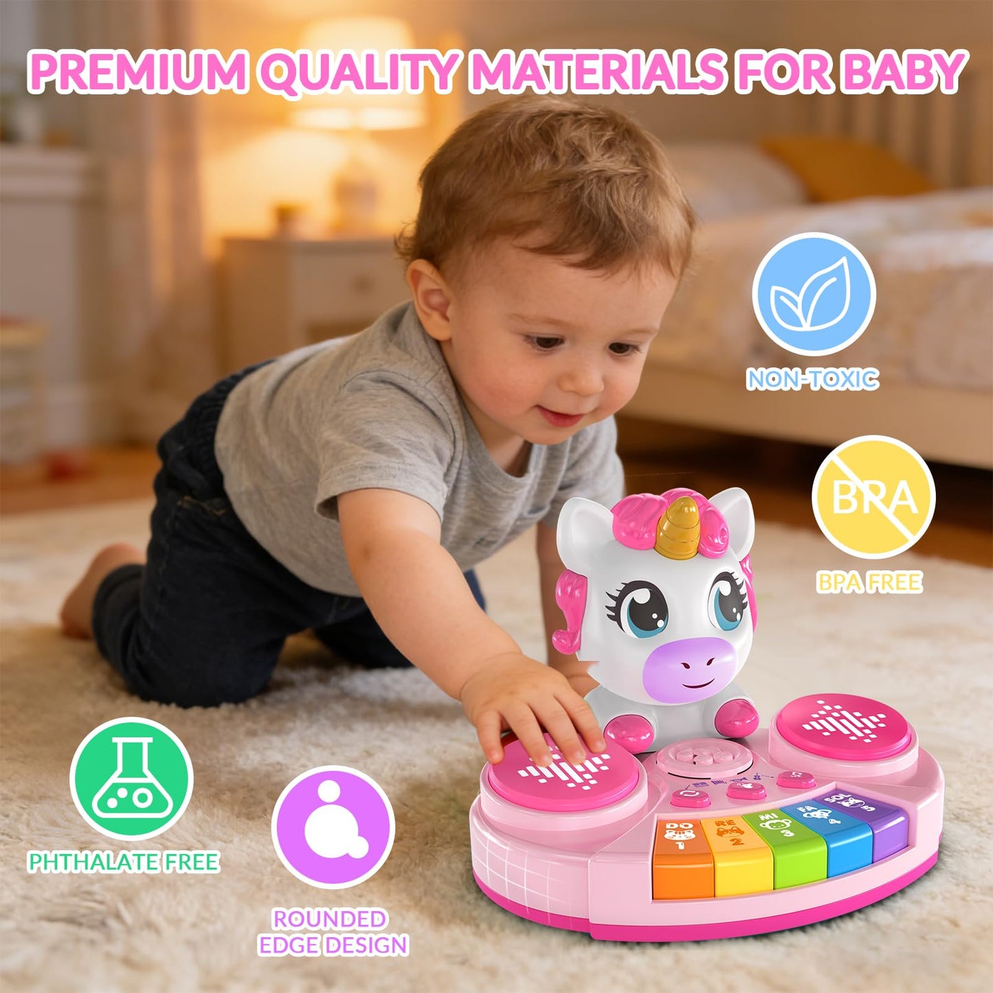 DPDos Unicorn Baby Piano Toy with Animal Sounds, Light Up Musical Keyboard, Educational Toddler Learning Toys for 1 Year Old Girl, Birthday Gifts 6+ Months