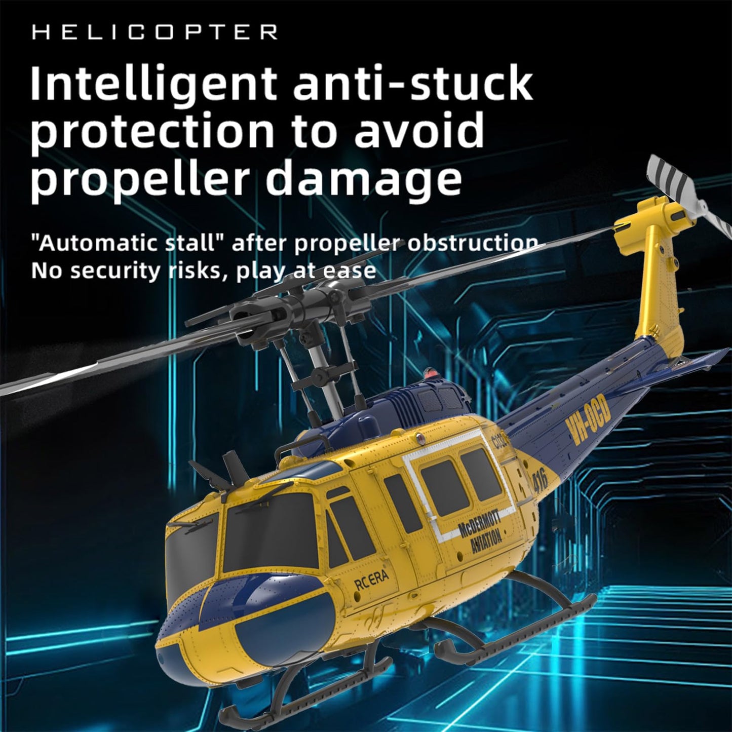 NBJIALIN RC ERA C032 UH-1 Huey Helicopter - Remote Control Helicopters for Adult, 1/48 Sacle 2.4G 6CH Gyro Stabilized Aircraft with Altitude Hold & Optical Flow,3D Stunt Drone (Yellow)
