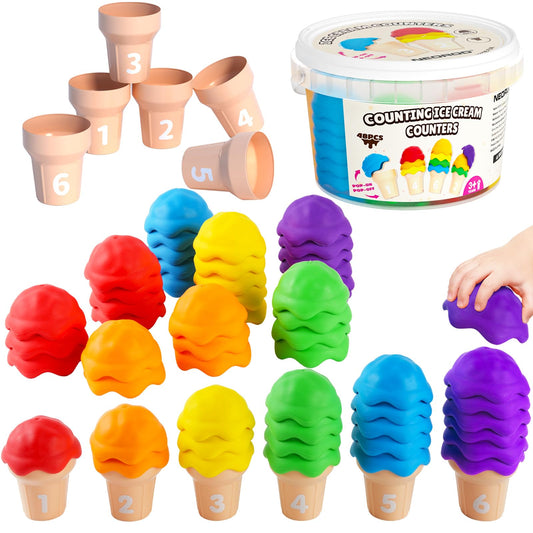NEOROD Ice Cream Counting Toys for Toddlers 3-5 – Montessori Preschool Learning Set with 42 Scoops & 6 Cones | Color Sorting & Fine Motor Skills Stacker | Educational Math Game & Sensory Toys for Kids