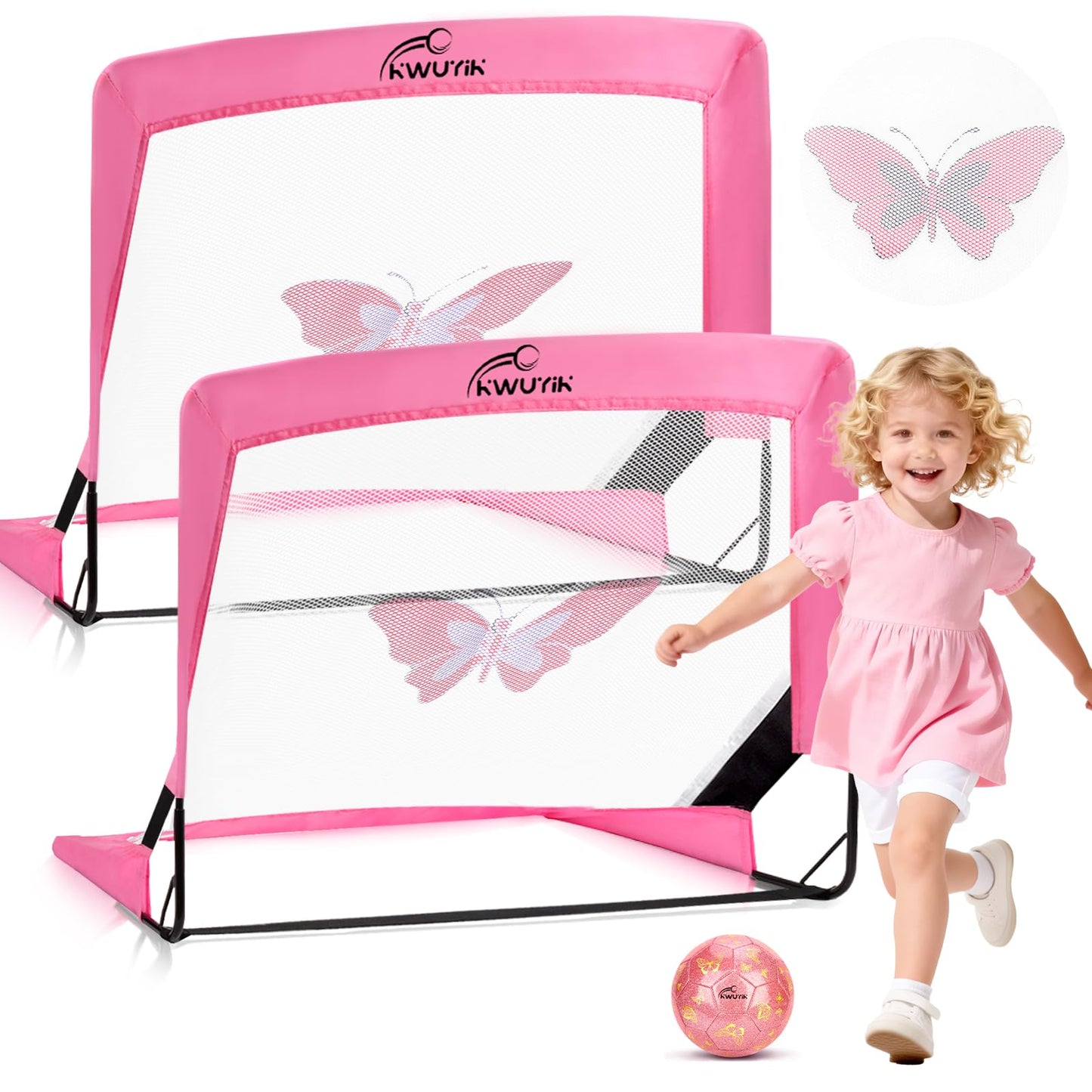 Kids Soccer Goal Set with Size 2 Pink Glitter Butterfly Soccer Ball and Pump 2x1.5ft Portable Butterfly Print Soccer Nets for Toddlers Ages 3-5 Indoor Outdoor Backyard Training Gift Boys Girls