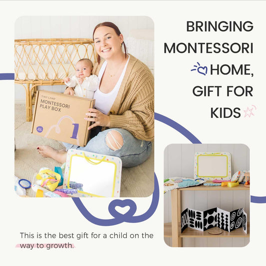 Tiny Land Montessori Baby Toy Set 0-3 Months Newborn Development Sensory Play Kit - 5-in-1 Mirror, Black & White Card Set, Rolling Bell, Play Mat, and Bed Wrap