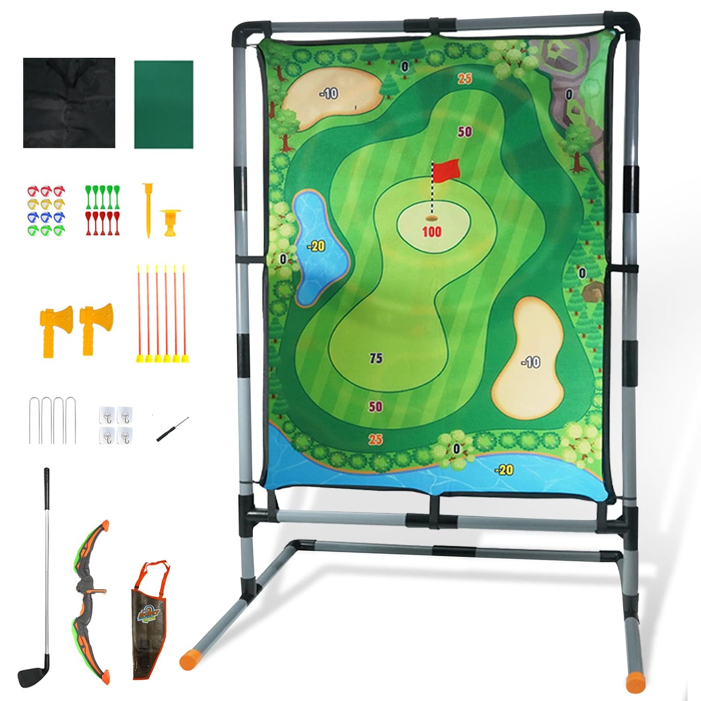 grnpeak Golf Chipping Game with Stand, Multi-Sport Golf Practice Set with Archery,Hatchet,Darts,Double-Sided Hitting Mat for Backyard Fun, Indoor/Outdoor Sports Toy for Kids & Adults
