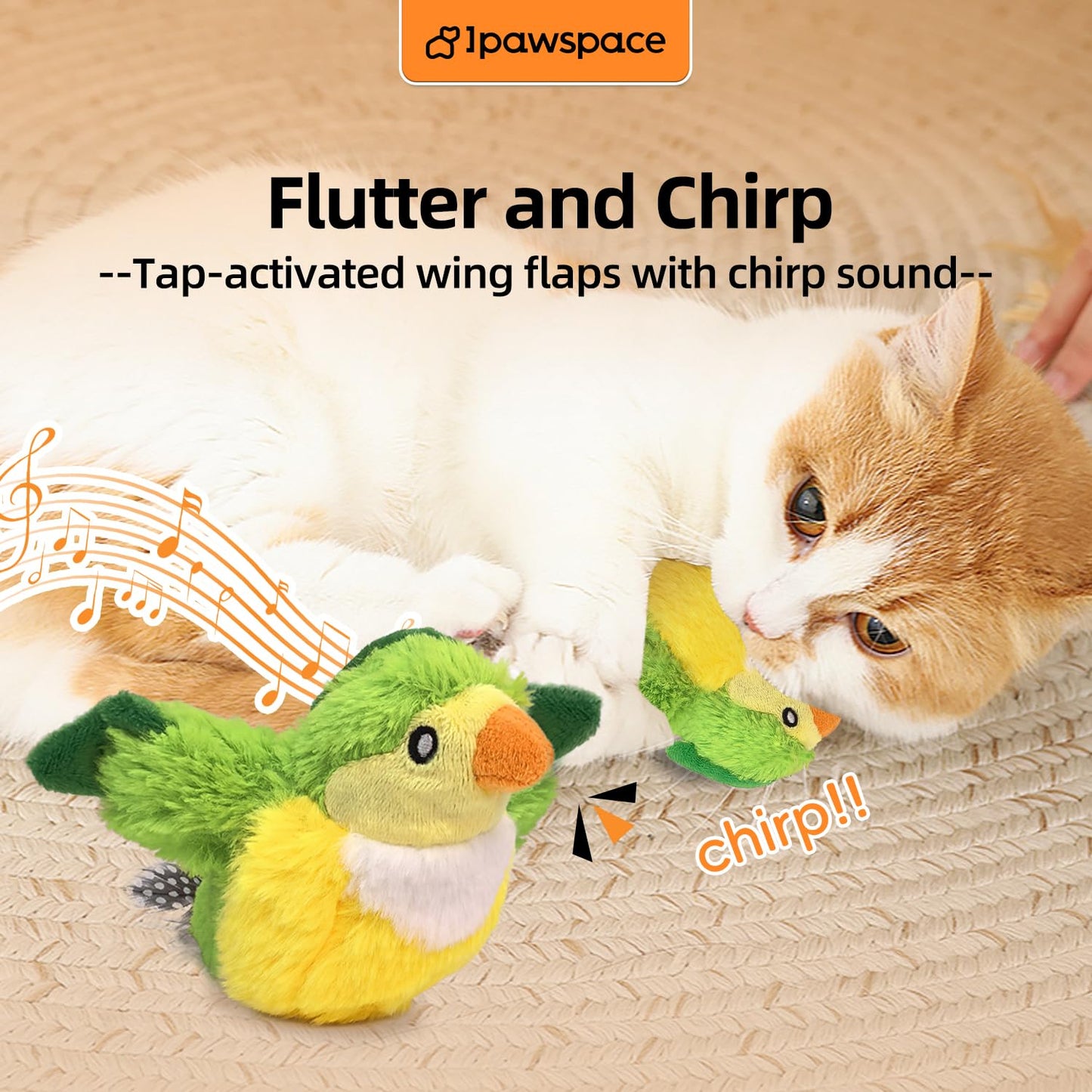 ipawspace Interactive Flapping Bird Cat Toy with Catnip, Touch Activated Rechargeable, Musical Sound (can Turn Off), Satisfy Cat's Natural Huting Instinct, Soft Plush Washable Cover (Green)