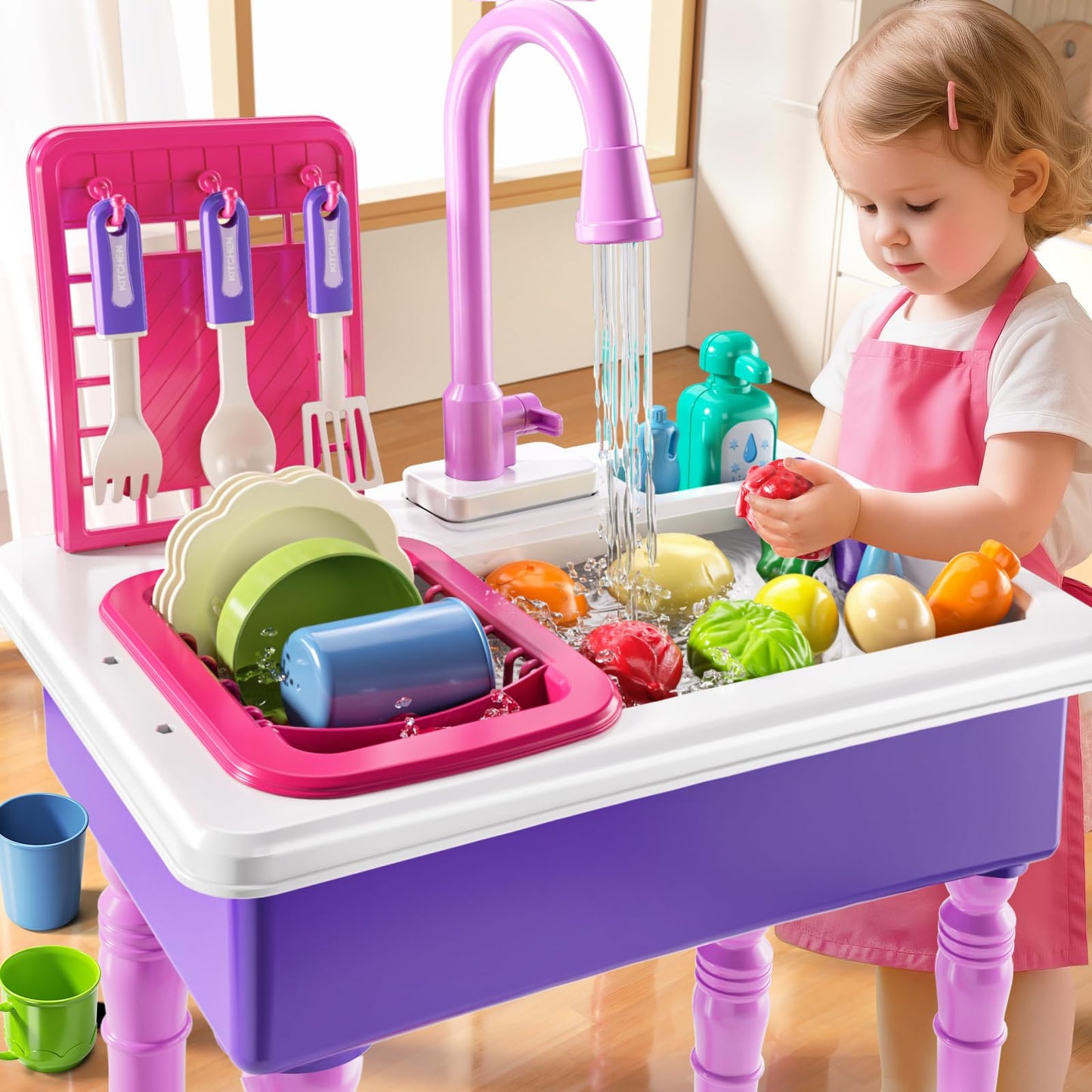 JUKUDAHU Play Sink with Running Water, Play Kitchen Toys Sink for Kids 3 4 5 6 7 Years Old, Electrical Dishwasher, Kitchen Accessories Set, Dishes Games, Gifts for Toddlers 3-5