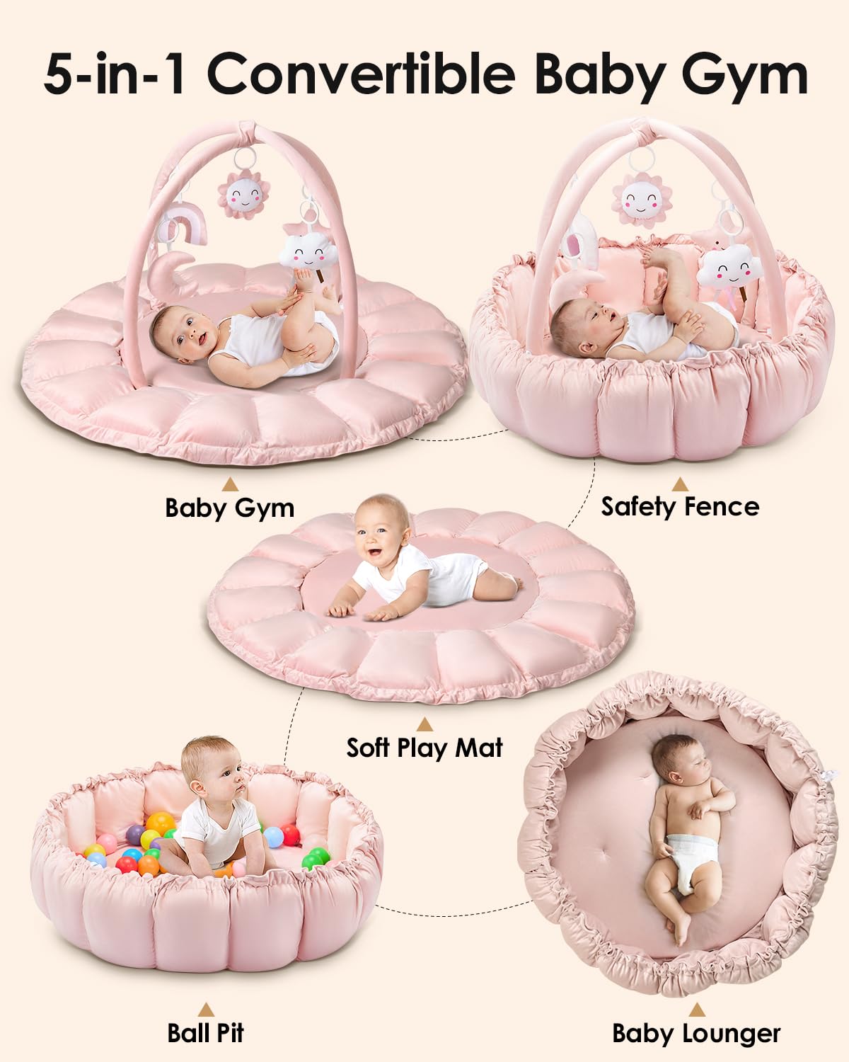 Deekuiwi 5-in-1 Convertible Baby Gym Play Mat with Hanging Toys, Soft Padded Activity Center & Ball Pit, Plush Tummy Time Mat for Newborns to Toddlers, Machine Washable, Pink