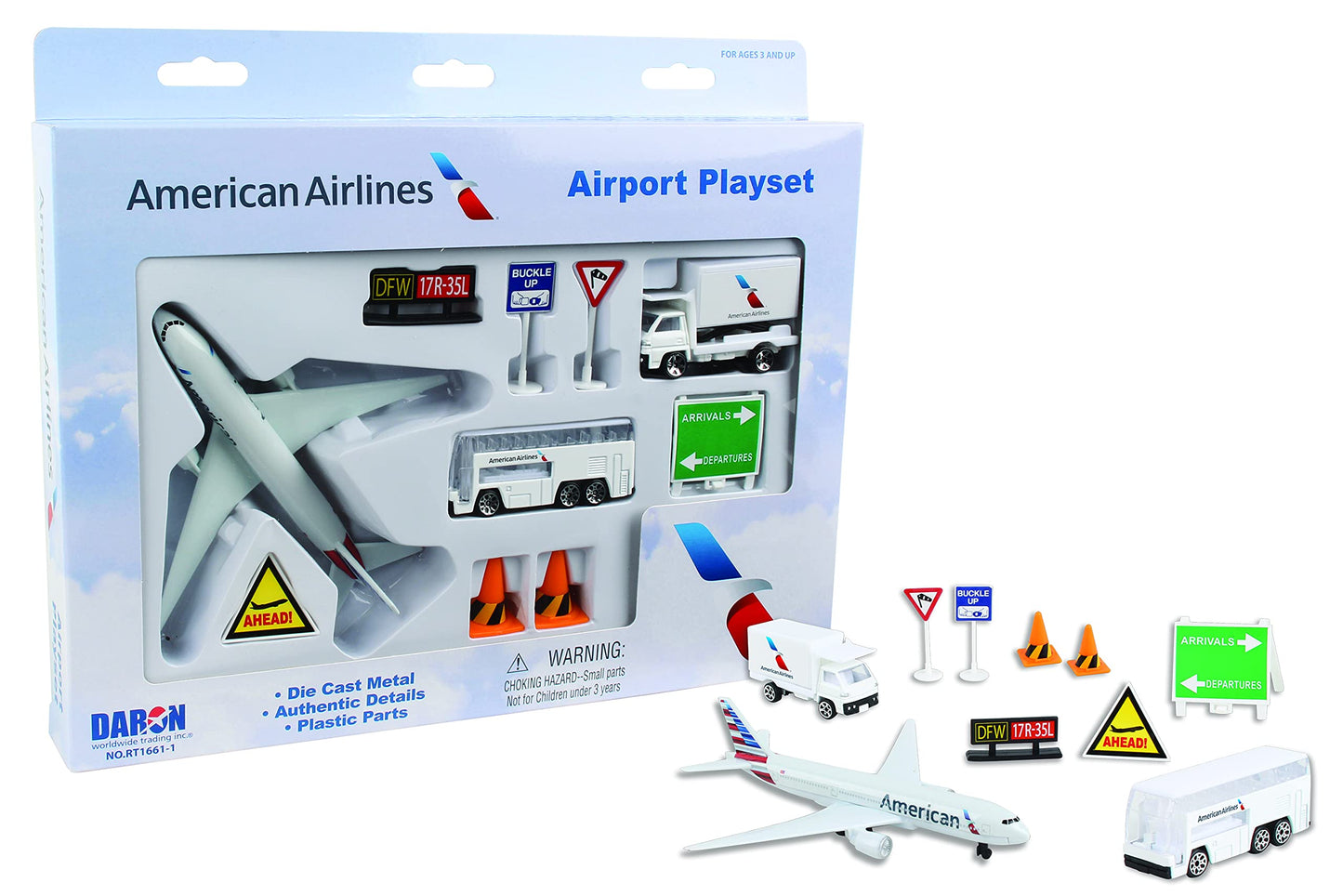 Daron American Airlines Airport Playset with Die-Cast Metal Model Airplane with Plastic Parts, Cars and Transportation Toys for Kids Ages 3+