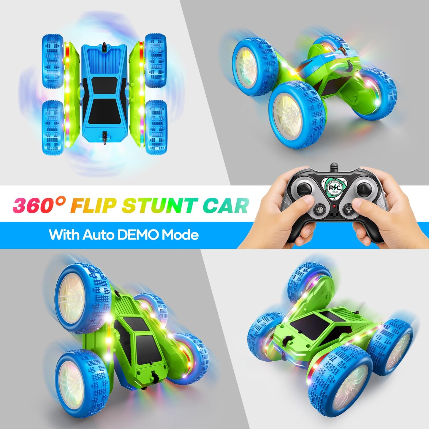 Remote Control Car, 360° Flips Rotating RC Stunt Car with USB-C Charge Modular Battery, 4WD RC Cars with LED Lights Strips, All Terrain RC Truck Toys for Kids 3+ Year Old Boys Christmas Birthday Gift