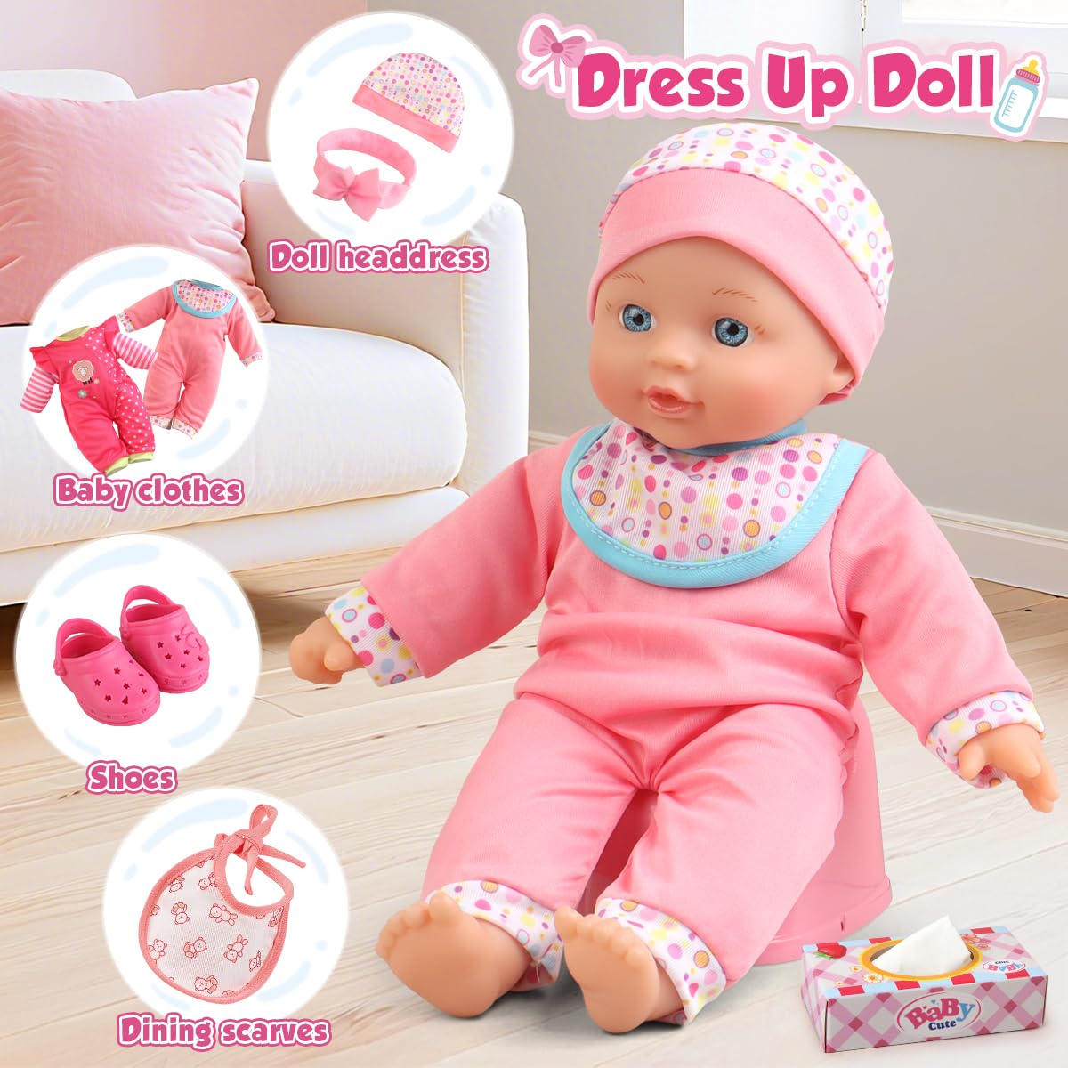 YIYBM Baby Doll with Stroller Set with 12.5" Baby Dolls, Handbag, 2 Sets Doll Clothes and 16 PCS Doll Accessories. Baby Stroller Toys for Toddler Girls Kids Ages 3-5 4-6 for Pretend Play.
