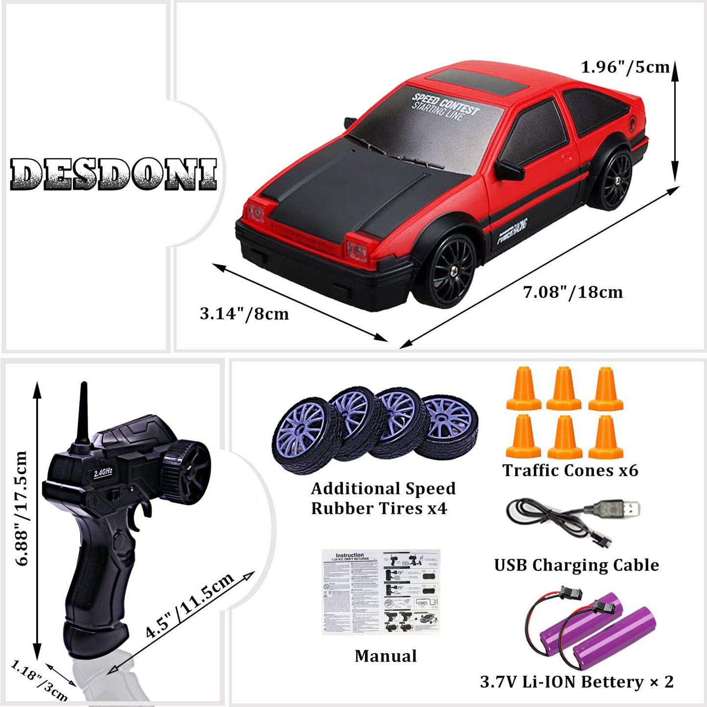 Desdoni Remote Control Car RC Drift Car 2.4GHz 1:24 Scale 4WD High Speed RC Cars Vehicle with LED Lights Batteries and Drifting Tires Racing Sport Toy Cars for Adults Boys Girls Kids Gift