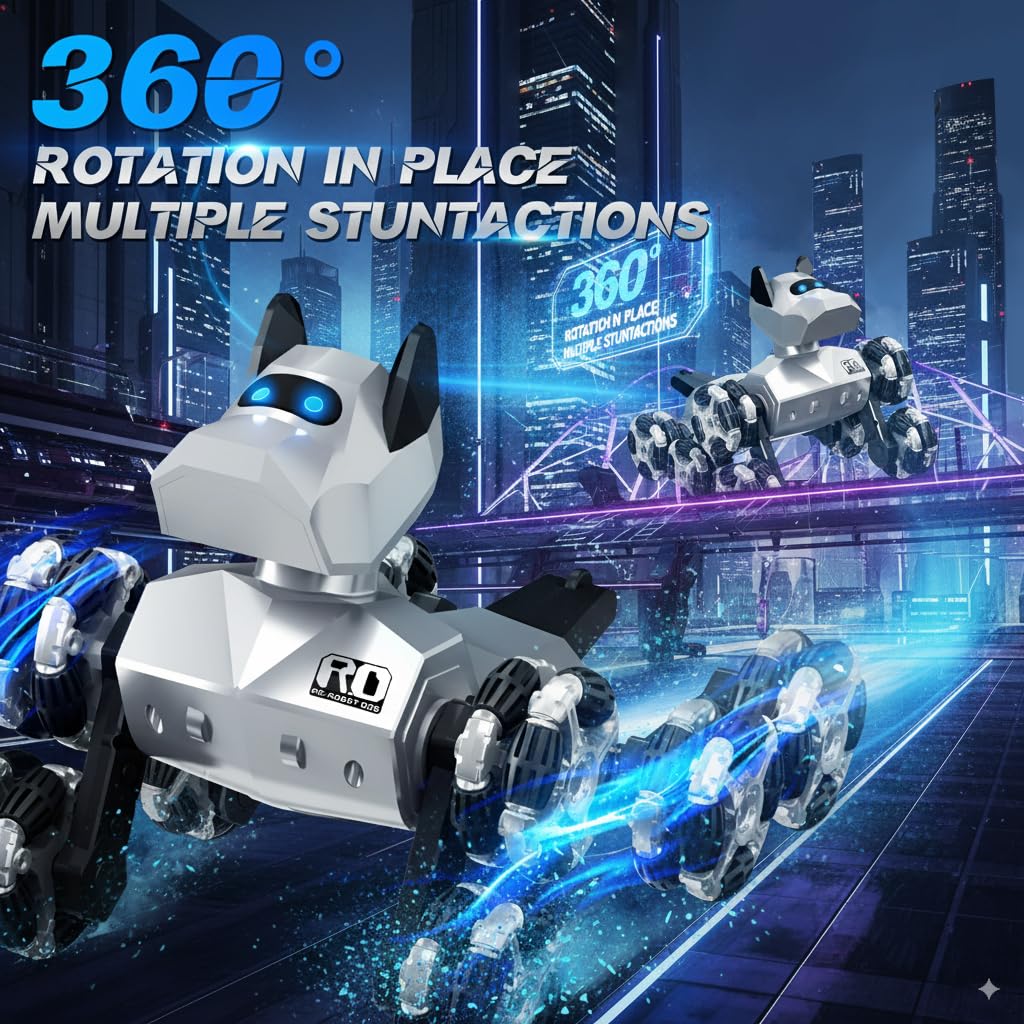 NQD® Robot Dog Toy, 360°Rotate Remote Control Robot Dog with Dancing & Sound FX, Remote Control Cars RC Stunt Robotic Dogs with LED Eyes, Electronic Pet Toys Gifts for Boys Kids Age 3-5 6-7 8-12