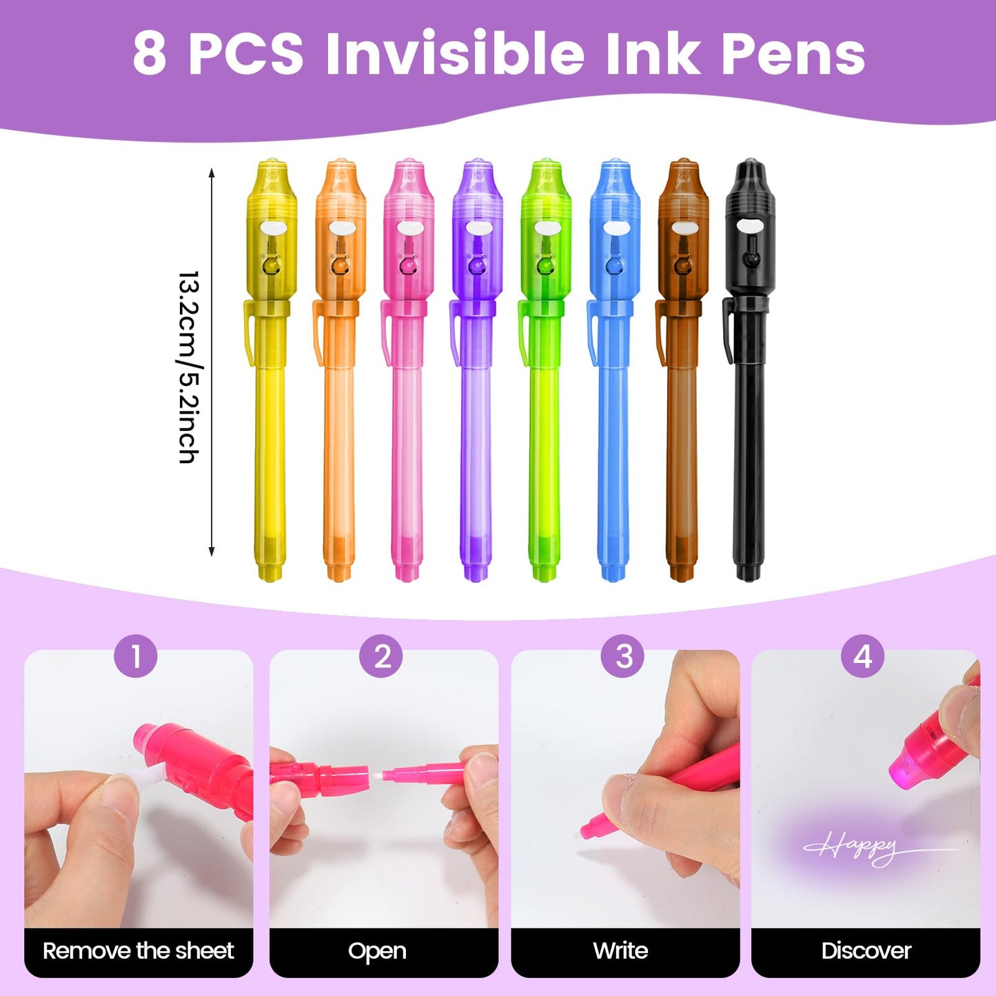 GUKAZH 8 Pcs Spy Pens Invisible Ink Pen with UV Light Magic Marker for Secret Message School Classroom Prizes for Students Party Favors Birthday Valentine's Day Christmas Party Goodies Gift Toy Age 3+