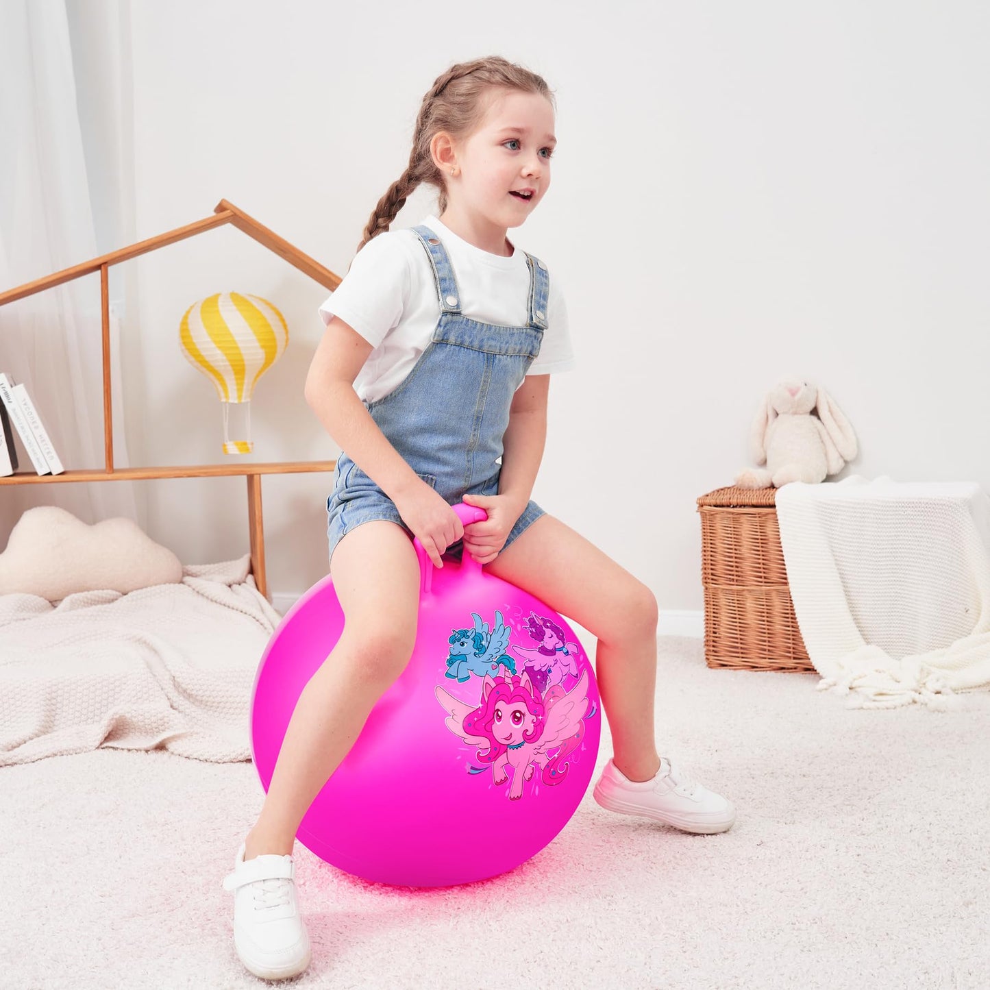 ZOOJOY Hopper Ball for Kids, 18 Inch Bouncy Ball with Handle, Pink Unicorn Balance Girls Toys for Indoor Outdoor Acitve Play with Pump, Inflatable Birthday Gifts for Girls Boys 3-8 Yr Old