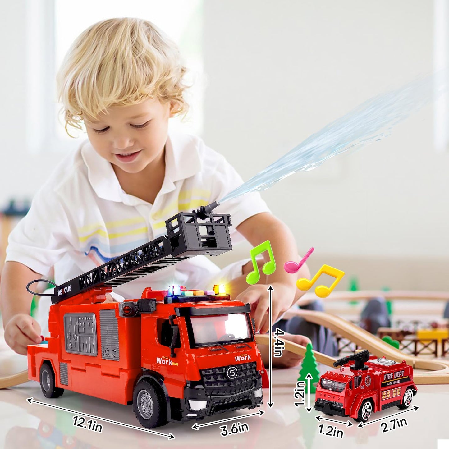 LESSETI Fire Truck Toy with Water-Spraying, Lights & Sirens for Kids, Includes Large Parking Garage, 4 Mini Vehicles, Launching Tracks, Action Figures & Traffic Signs