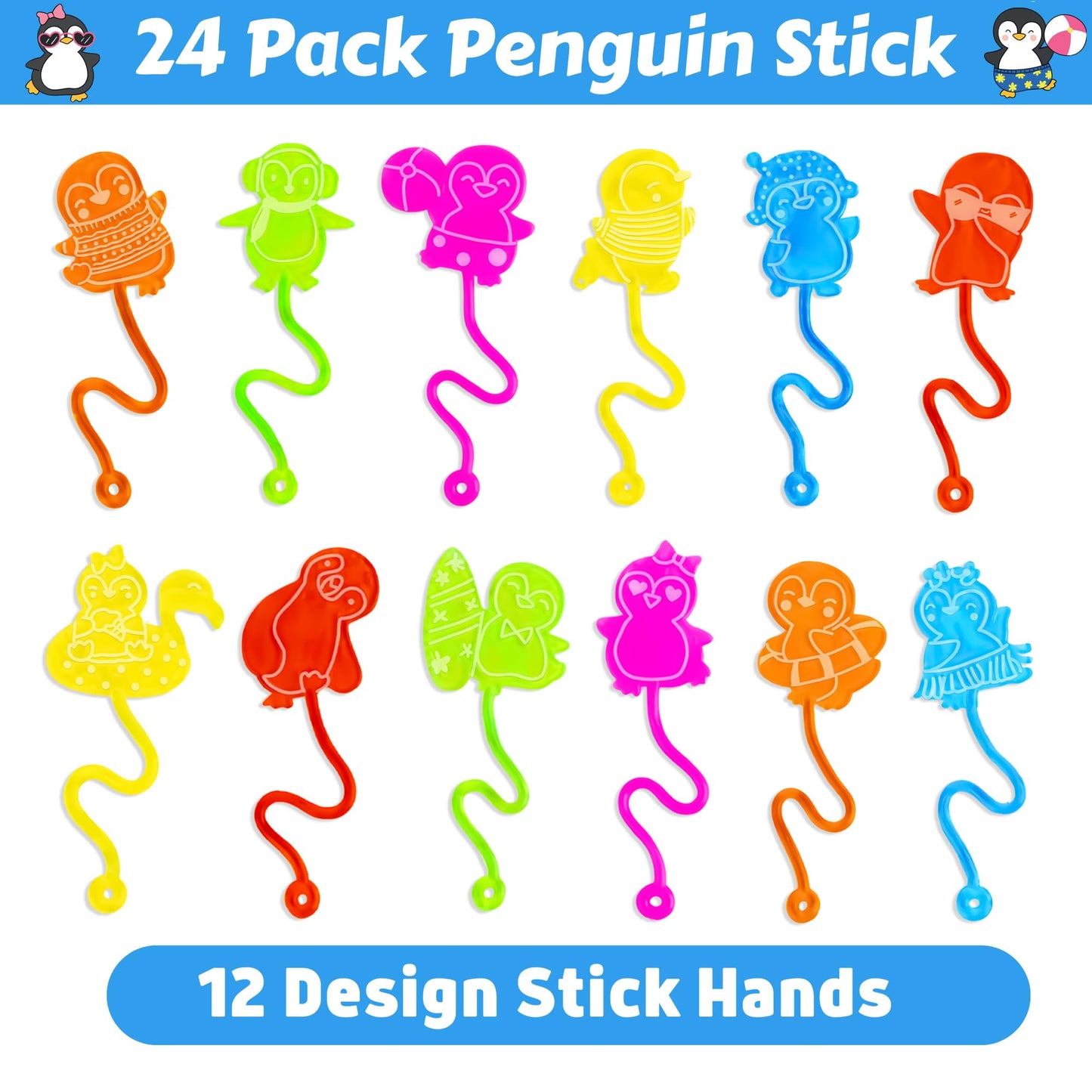 48PCS Penguin Party Favors - 24 Temporary Tattoos + 24 Stick Hands - Perfect Birthday Favors, Goodie Bag Stuffers, Treasure Box Toys, Classroom Prizes, and Student Gifts