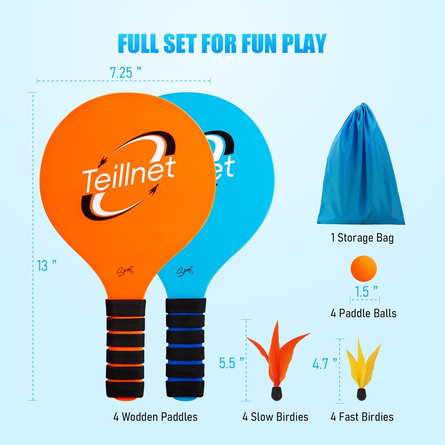 TEILLNET Beach Paddle Ball Set, Family Games for Kids and Adults, Badminton Set with 4 Rackets, Indoor Outdoor Sports Toys Lawn Camping Backyards Yard Games Easter Basket Stuffers Gifts for Boys Girls