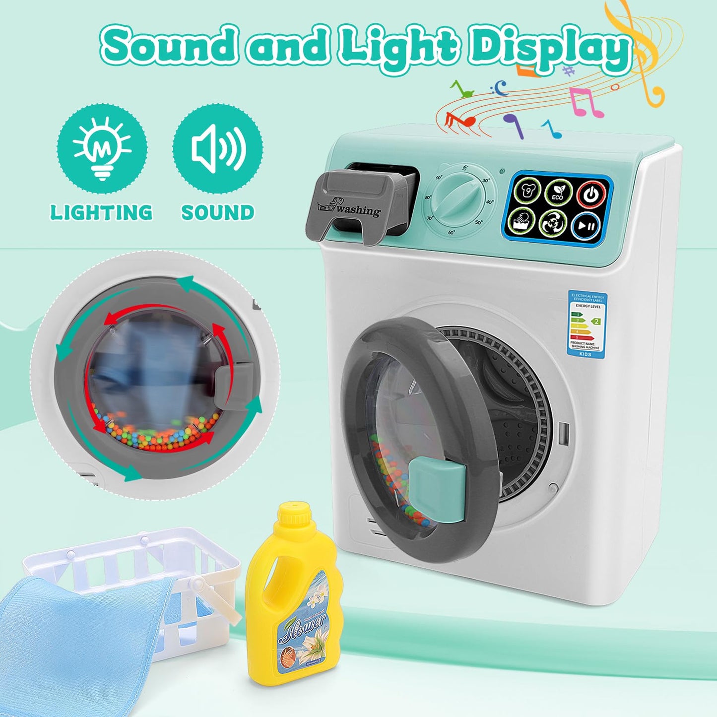 deAO Toy Washing Machine Kids Dollhouse Furniture Toy Washer Pretend Play Household Appliance Realistic Sounds Laundry Play Set with Rotatable Roller for Boys Girls (Blue)