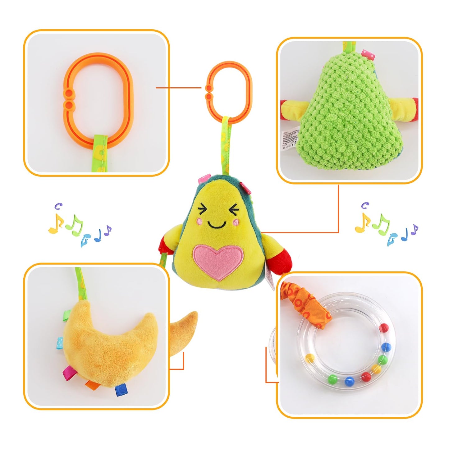 KAKIBLIN Baby Hanging Toys, 4 Pack Carseat Toys,Early Baby Cognitive Sensory Soft Hanging Toy for Crib Stroller Gym Mobile Plush Toy,Suitable for Babies 0-12 Months,Fruit
