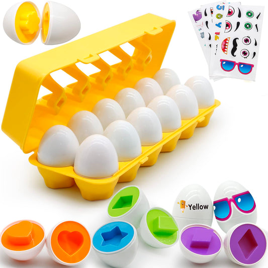 MOONTOY Matching Eggs for Toddlers 1-3, 12PCS Preschool Educational Learning Color & Shape Sorter Sensory Montessori Toy Toddler Easter Eggs Basket Stuffers Gift for 1 2 3 Year Old Kid Baby Boy Girl