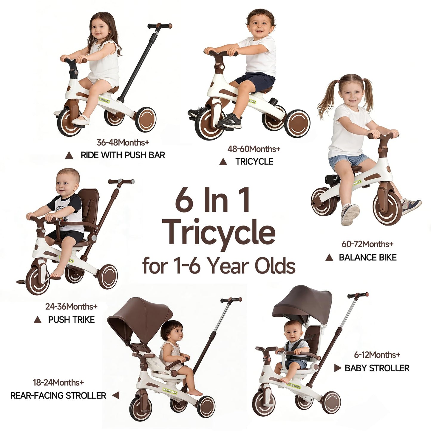 Winhope Kids Tricycle, 6 in 1 Baby's Tricycle Toddler Trike with Adjustable Push Handle, Reversible Seat and Canopy, Baby Stroller for 1-6 Year Olds, Suitable for Outdoor Activities(Coffee)