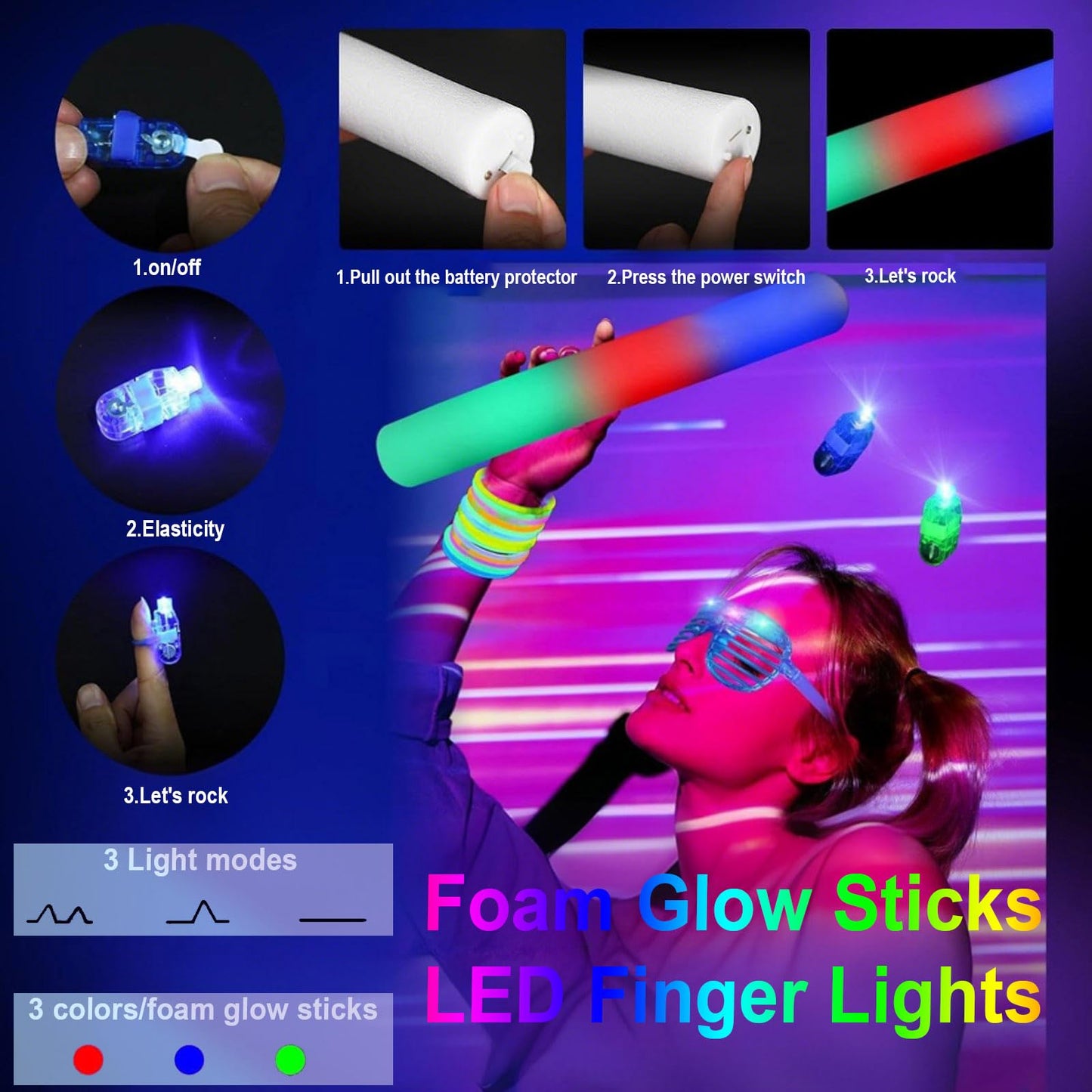 186 PCS Glow in the Dark Party Supplies,16 Foam Sticks,10 Glow Fiber Wands, 10 LED Glasses, 10 Glowing Rabbit Ears,100 Glow Sticks and 40 Finger Lights for Neon Party Birthday Carnivals Halloween