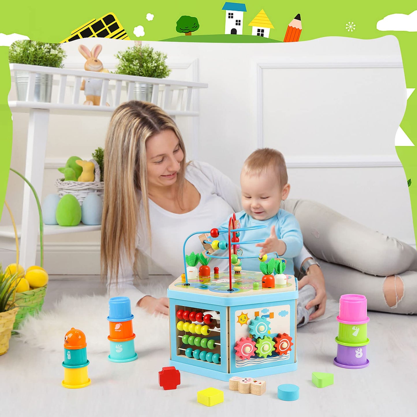 Vomocent Wooden Activity Cube for 1 Year Old Kids, Educational Learning Bead Maze for Toddler Age 1-3, Developmental Montessori Toys for 12-36 Months Boys Girls Gift