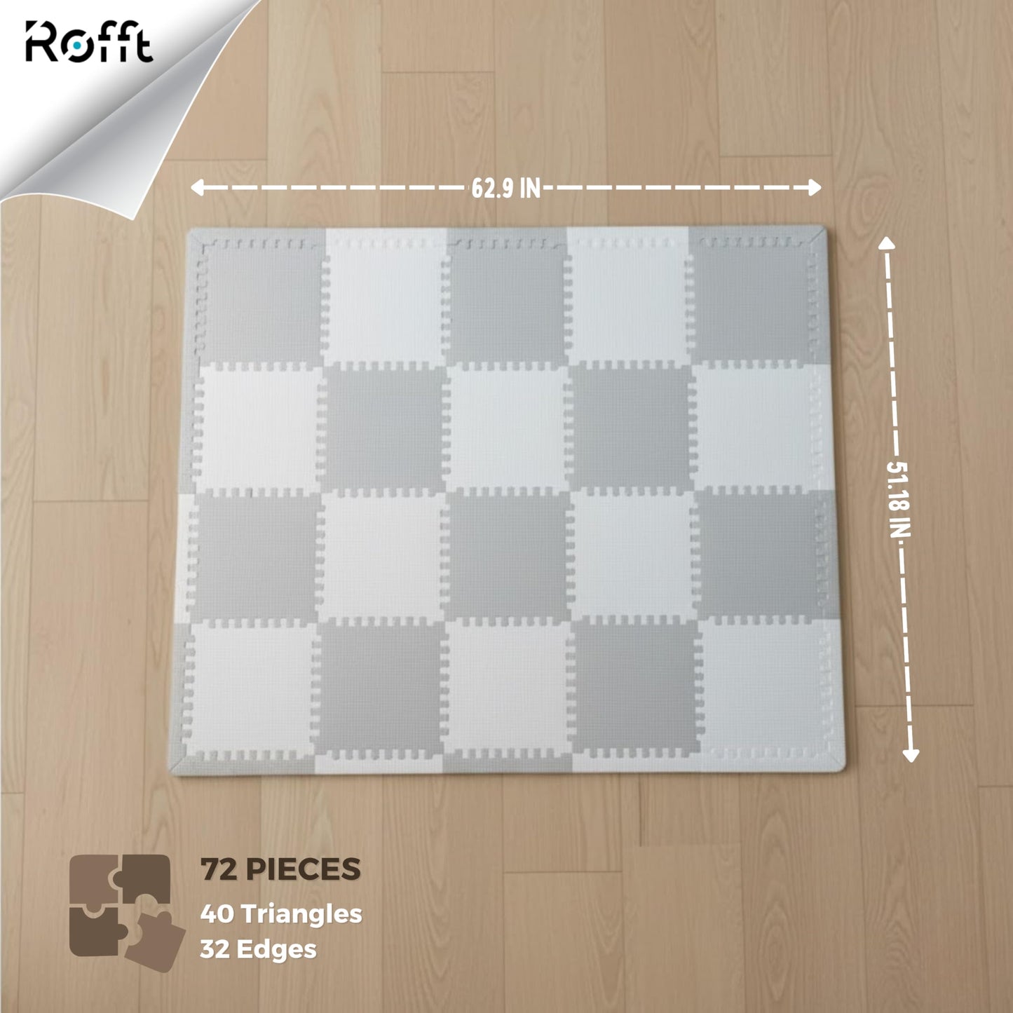 Little fun times Play Mat for Baby Large 72 Pieces, Assembled Total 64 x 64 inch 28,4 SqFt, Interlocking Floor Puzzle, EVA Tiles Playmat for Toddler and Kids, Two Colors Design with Edges.
