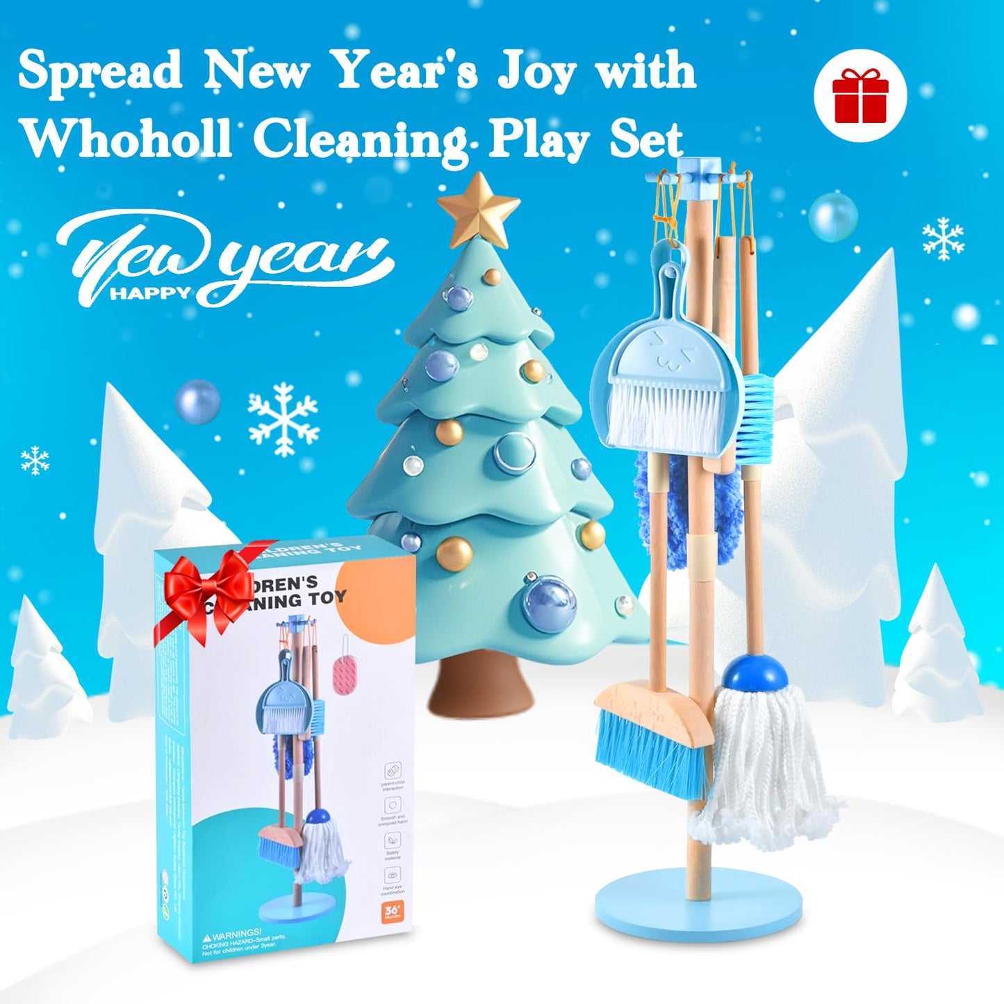 WHOHOLL 9 Pcs Wooden Kids Cleaning Toy Set, Cleaning Toys for Toddlers 3-6, Housekeeping Play Set Includes Broom Mop Duster Dustpan Sponge and Organizing Stand, Christmas Birthday Gifts for Boys Girls