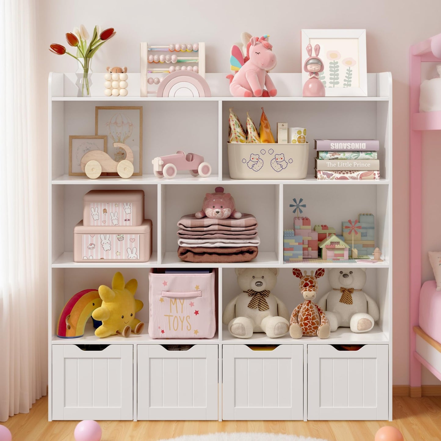 Gizoon Toy Storage Cabinet and Kids Bookcase with 4 Movable Drawers and 8 Open Shelves Toy Chest Shelf Organizer with Hidden Wheels for Playroom Nursery Kids Room, White