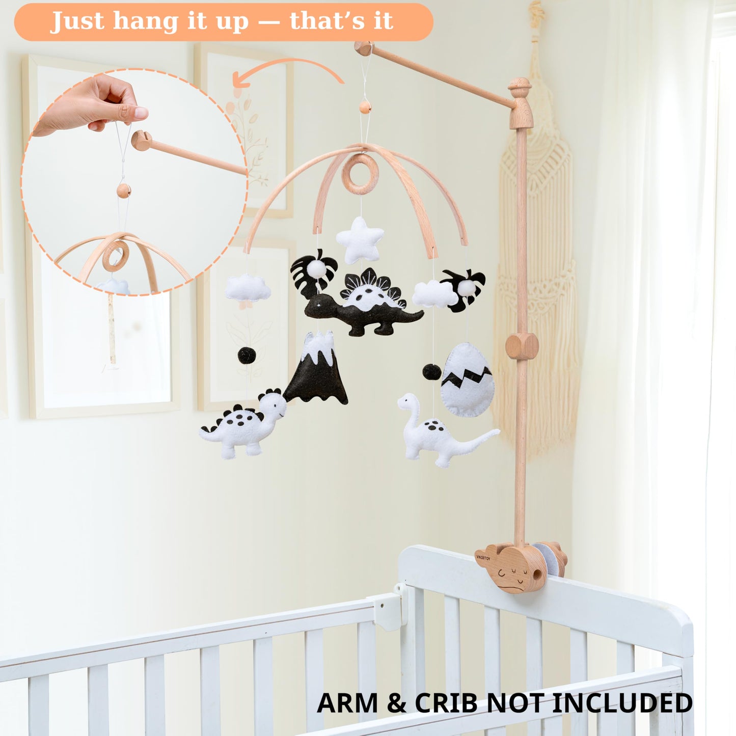 Dinosaur Crib Mobile – High-Contrast Black & White Nursery Decor for Newborn Baby Room, Handmade for Boy & Girl, Natural Wood & Fabric, Plastic-Free, Ready-to-Gift