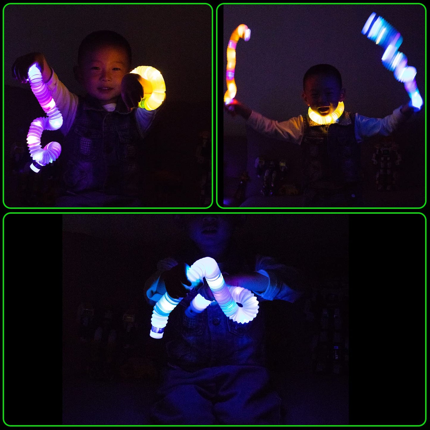 DJBoomy Light Up Pop Fidget Tubes: Glow Sensory Tube Stretch Toys for Kids Party Favors - Mini Plastic Pull Tubes Bulk with LED Lights Glowing Stick in the Dark (12 Pcs)