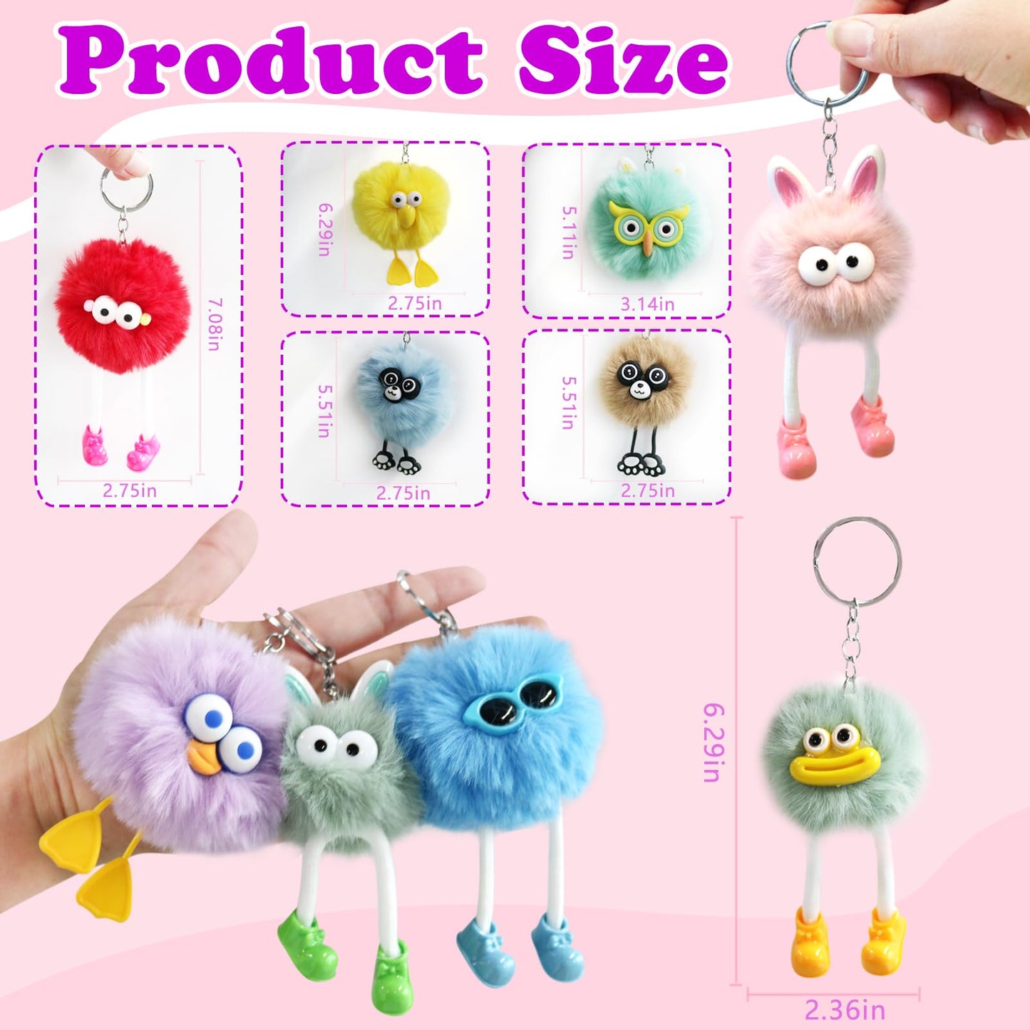 APZ 24 Pcs Cute Kawaii Keychains Plush Keychain Goodie Bags Classroom Prizes Party Favors for Birthday Class Valentines Day Gifts