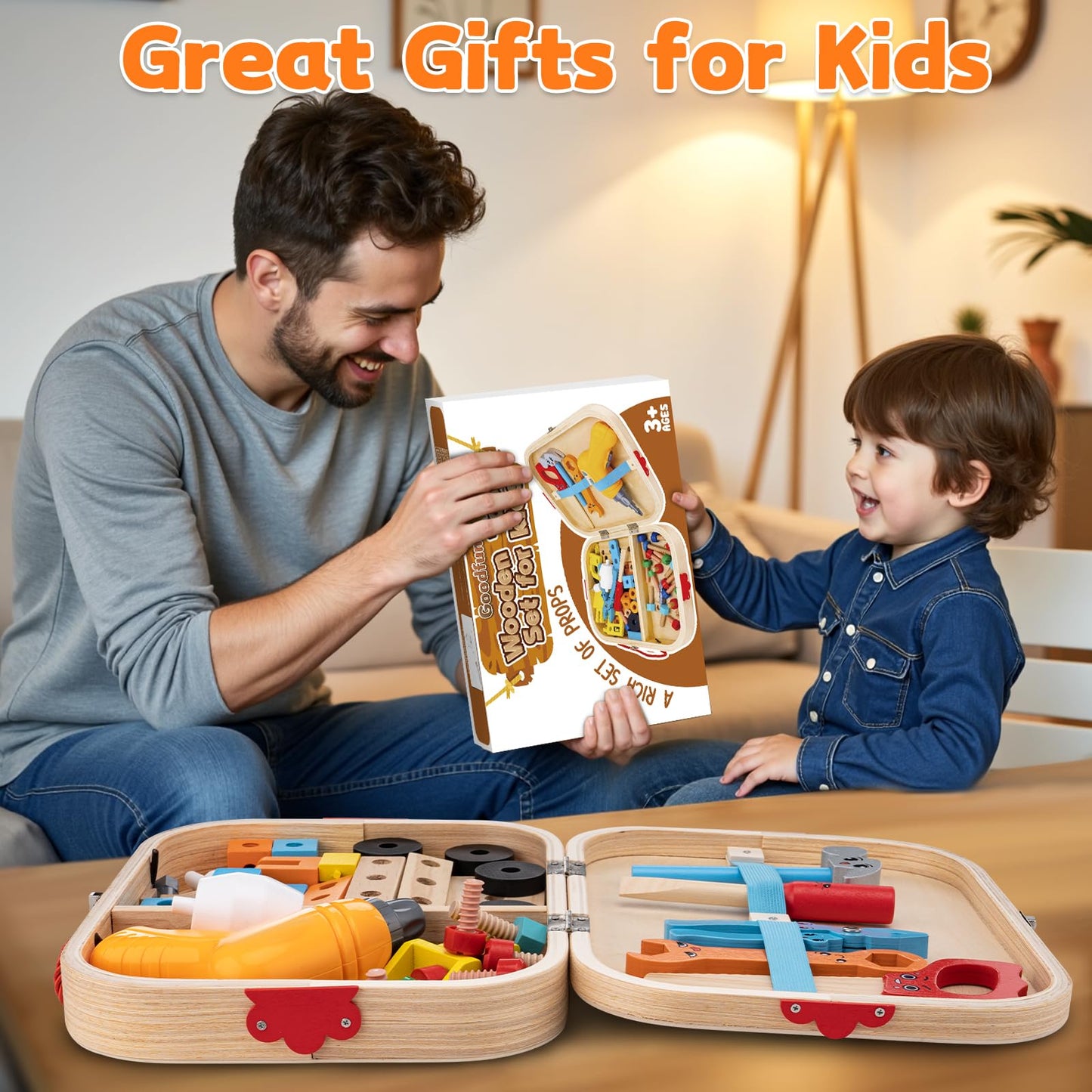 59Pcs Kids Tool Set Toy for Boys - Montessori STEM Wooden Play Tool Box Kit with Electric Drill with 2 Types Bits - Educational Christmas Birthday Gifts for Boys Toddlers Kids Age 3 4 5 6 Years Old