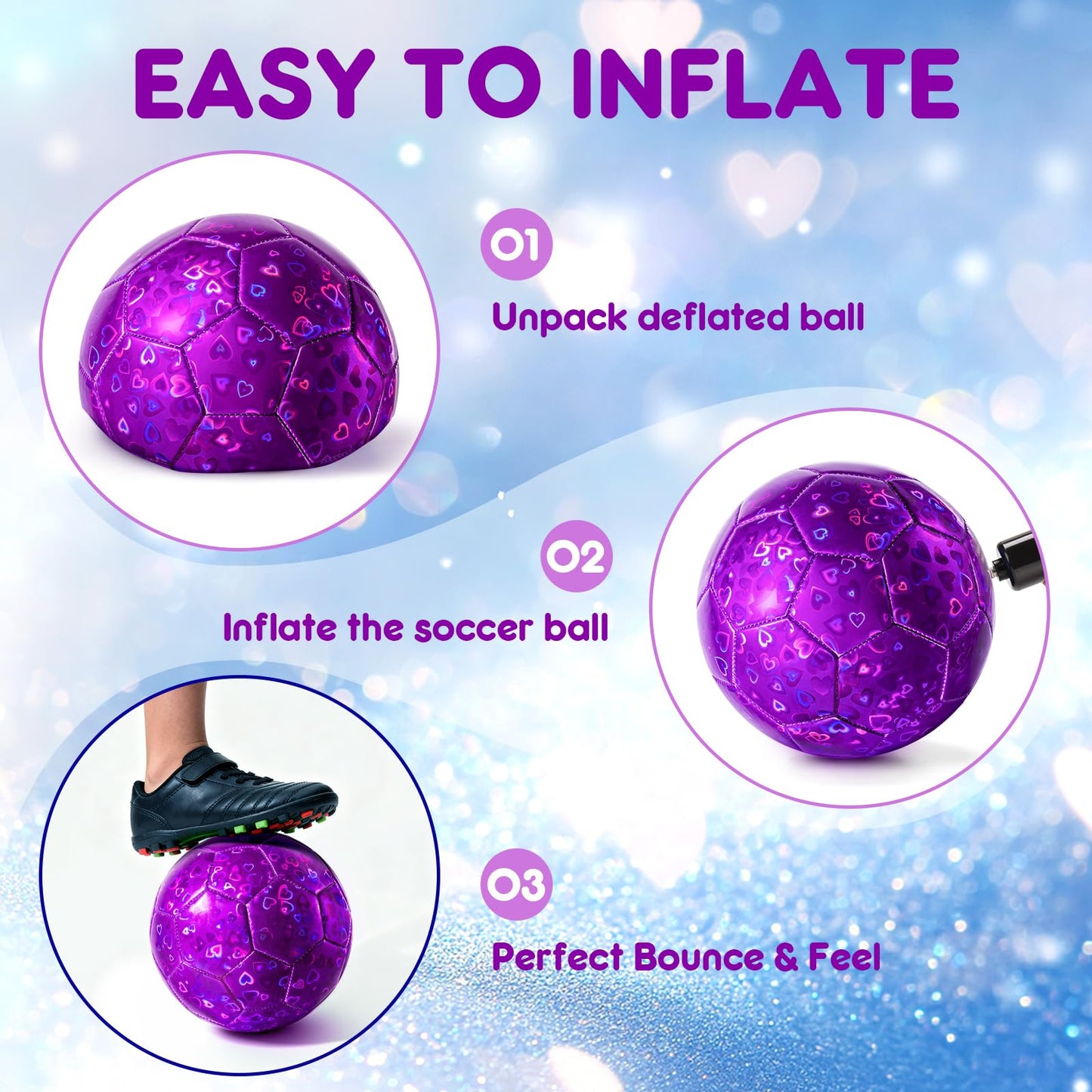 Paokoo Soccer Ball Size 3 - Glitter Purple Heart Training Ball Small Soft for Boys Girls 3-8 - Great Soccer & Birthday Gift for Toddlers & Kids Back to School Indoor Outdoor Games
