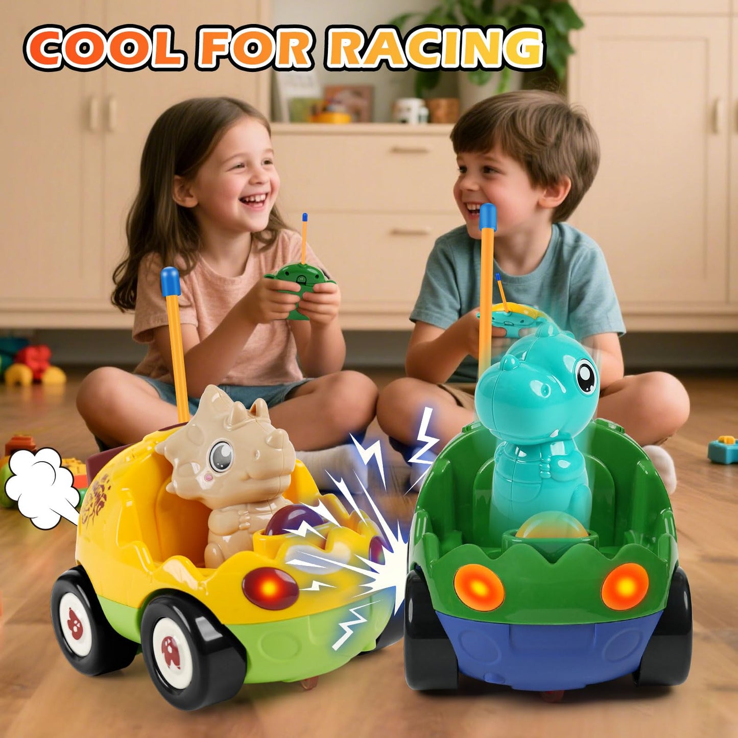 QPOU 2-Pack Remote Control Dinosaur Toy Car for Kids - Birthday Gifts for Boys Toddlers Ages 18+ Months, 2 3 4 5 Year Old, Dino RC Vehicle with Lights and Music