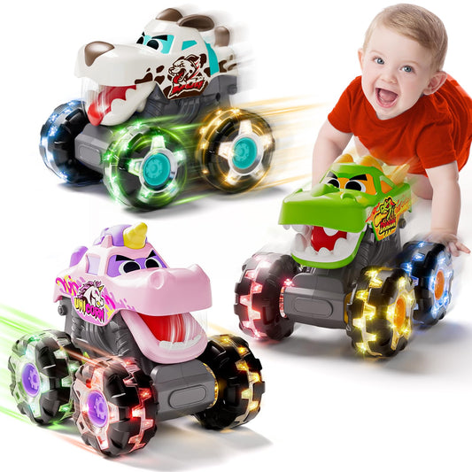 HOLA 3 Pack Light Up Monster Trucks for Toddlers 1-5 – Push and Go Cars with Color Changing LED Wheels & Chomping Mouth – Dragon Unicorn Dalmatian Toy Trucks for 1 2 3 Year Old Boy Girl Birthday Gift