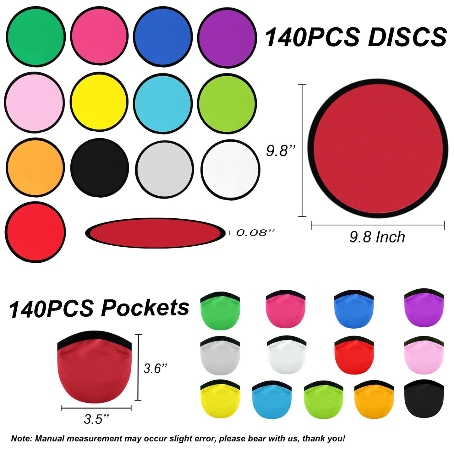 YEAHACLUB 140 PCS Foldable Flying Disc Fans with Bags, 9.8'' DIY Handheld Black Egde Fabric Folding Fan for Outdoor Game Activities Birthday Party Favors Gifts, 14 Colors