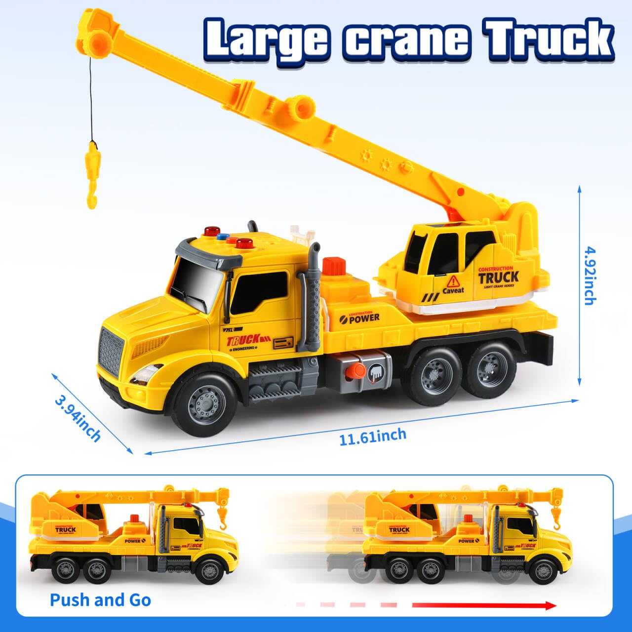 DWIRCTOYS Crane Truck Toy for Kids Ages 3-7, Kids Toys Friction Powered Construction Vehicle with Extendable Arm, Rotating Crane, Lights and Sounds Birthday Gifts for Boys Girls