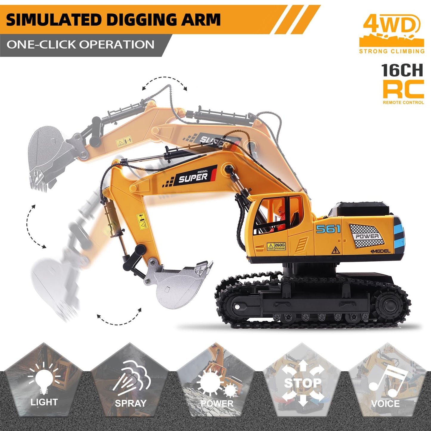 ViRockSign Remote Control Excavator Toys for Boys,16 Channel RC Excavator Construction Toys with Metal Shovel & Light,Simulated Smoke,Christmas Birthday Gift Toy for Boys 3-5 4-7 8-12 Year Old Kids