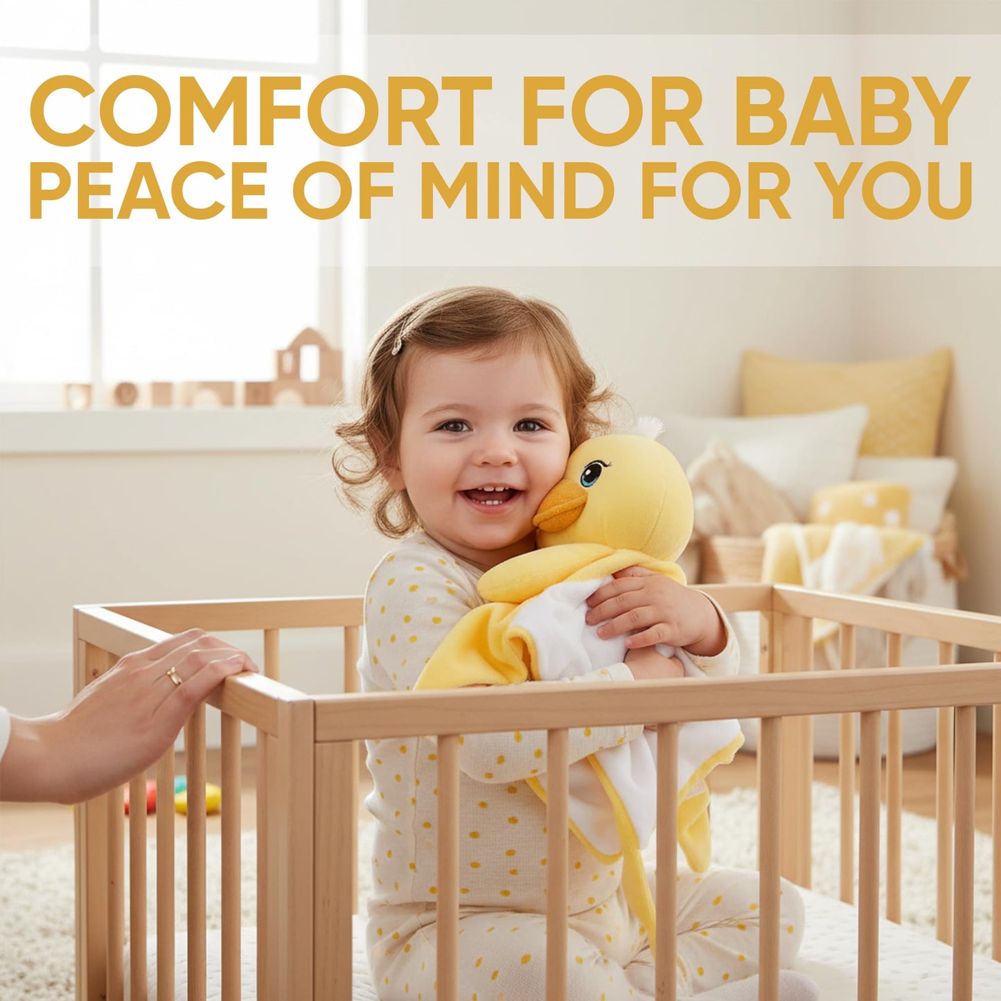 Love By Emi 4 in 1 Baby Lullaby Sleep Soother Toy - Stuffed Animal Sound Machine & Pacifier Holder | Heartbeat White Noise & Music | Plush Yellow Duck Lovey Sleep Aid Security Blanket (0-3 Years)