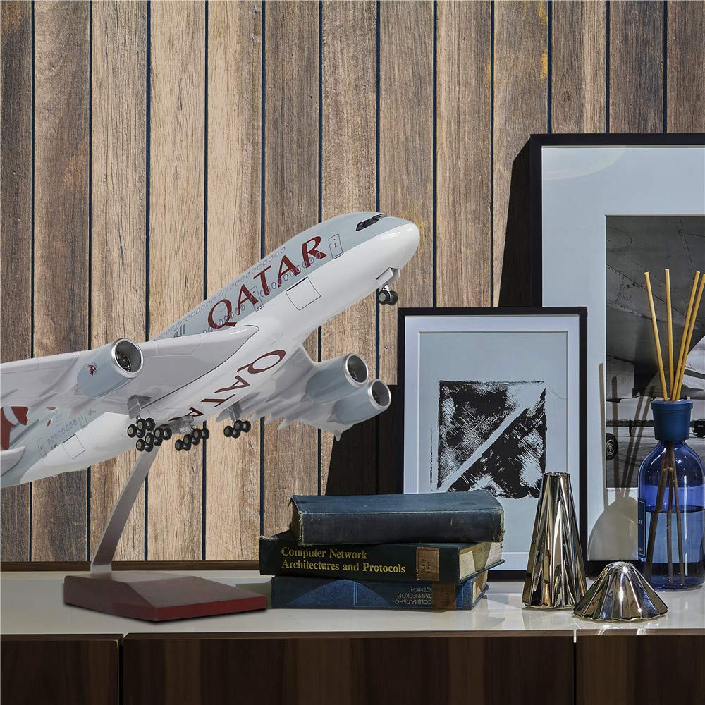 Qatar A380 Plane Diecast with LED Light(Touch or Sound Control) - 18' 1:160 Scale Airplane Model for Decoration or Displays