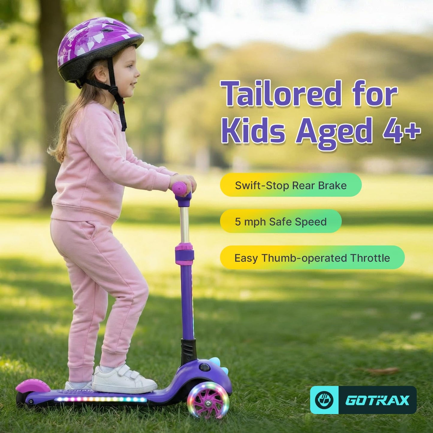 Gotrax SK1 Foldable Electric Scooter for Kids 4+, Full Body LED Light, 90min Riding & 5Mph Speed, Push-Button Throttle&Battery Indicator, 6'' Wheel&3 Adjustable Height, 3 Wheel Escooter, Gift, Purple