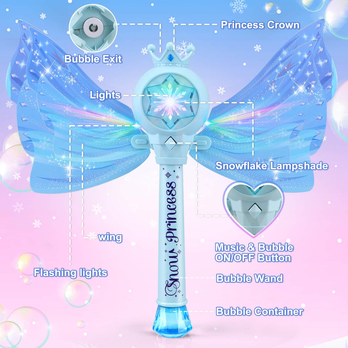 Britik Bubble Wands for Kids Girls - LED Light & Music Bubble Machine: 3 AA Batteries & 2 Bubble Solutions, Outdoor Party Birthday Toys for Toddlers, Gift for 3 4 5 6 7 8 Year Old Girls, Blue