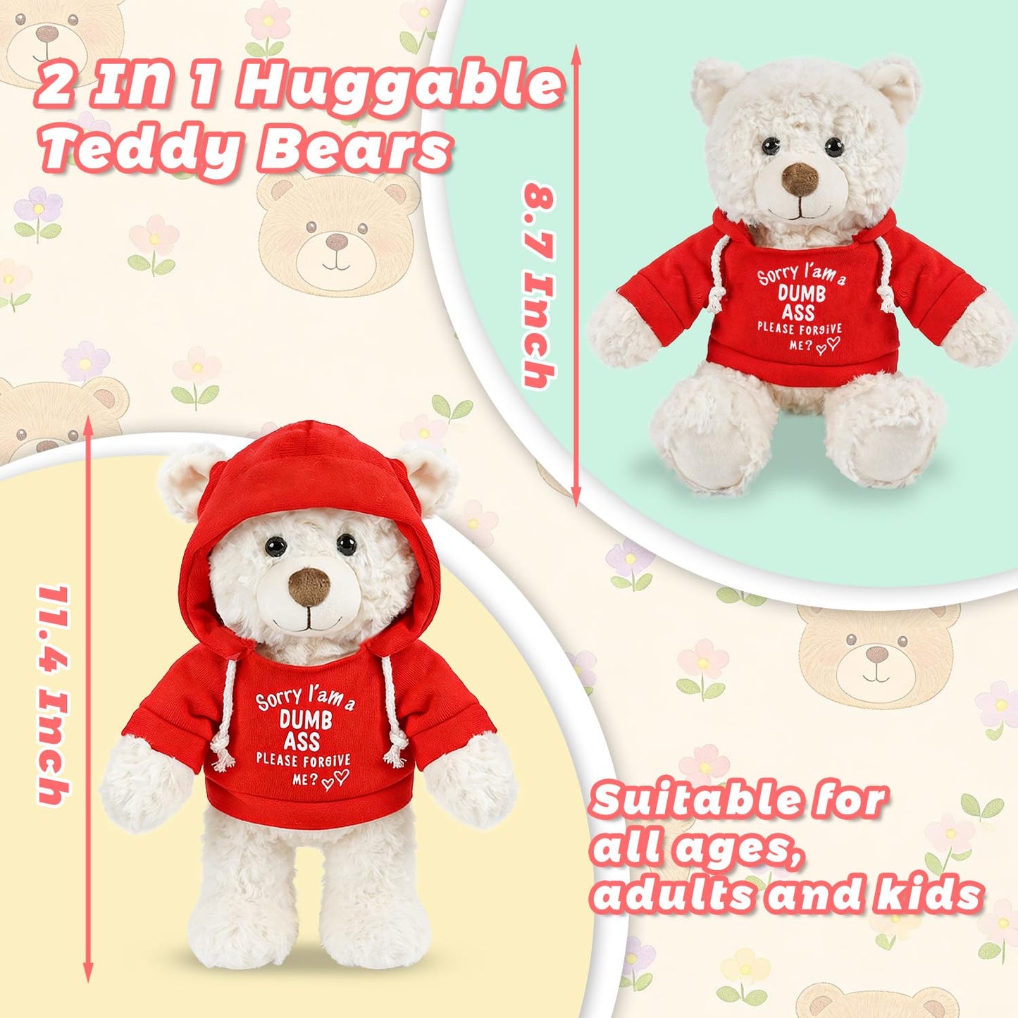 Hideekoog 2 Pcs ForgiveTeddy Bears Plush Dolls 8.7 Inch Stuffed Bear Animal Set Hoodie-Wearing Bear with Sorry and Forgive Me Valentine’s Cozy Bear for Girlfriend Girls Kids Baby Gift (Red + Blue)