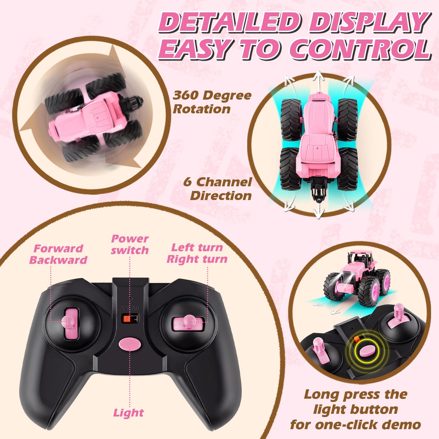 Remote Control Monster Tractor Toy for 3, 4, 5, 6, 7 years old, Pink Light Up Monster Trucks Toy with LED Lights Toddlers RC Farm Vehicle Toys for Boys ＆ Girls Ideal Christmas, Birthday Gifts for Kids