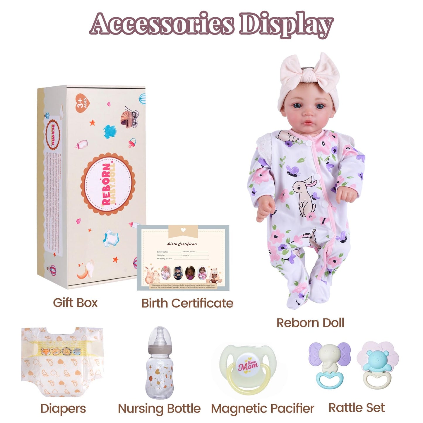 BABESIDE 18-Inch Reborn Baby Doll Girl – Realistic Lifelike Bebe Reborn de Silicona with Bunny Outfit, Magnetic Pacifier, Bottle, Diaper & Birth Certificate, Real Life Baby Dolls Gift for Kids Ages 3+