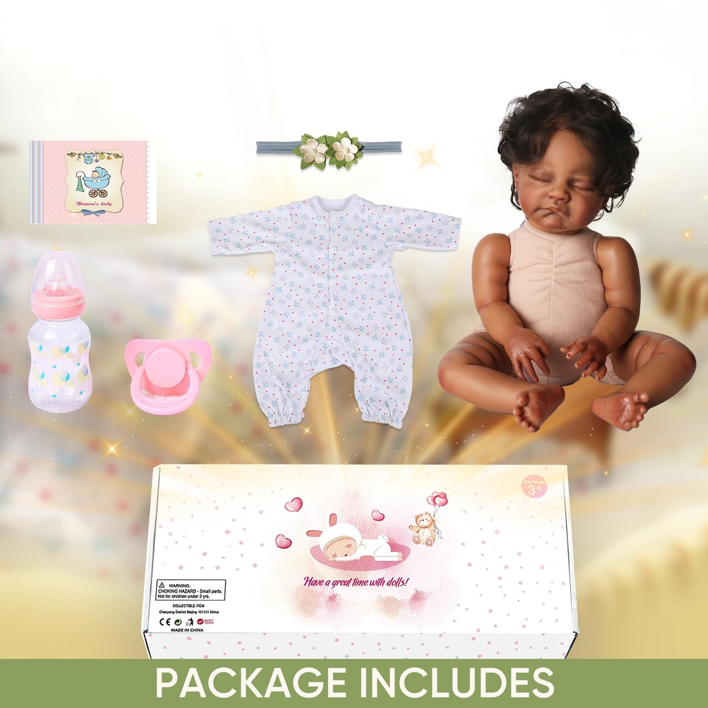 WOOROY Realistic Reborn Baby Dolls Black - 20-Inch African American Sleeping Newborn Dolls with Weighted Cloth Body and Soft Hand-Rooted Curly Hair with Accessories Gift Set for Kids Age 3+
