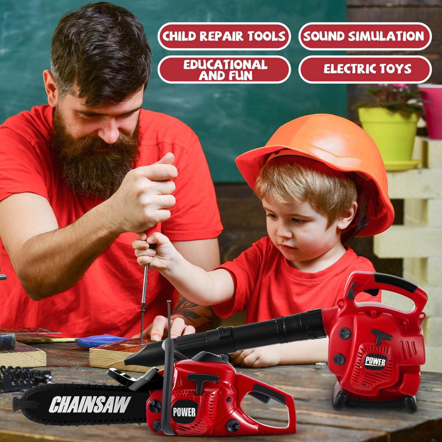 Arrowbash 3-in-1 Kids Gardening Toy Set, Toy Leaf Blower & Kids Chainsaw & Weed Trimmer with Realistic Sound, Outdoor Backyard Play Educational Learning Birthday Summer Gift for 3-8 Boys Girls