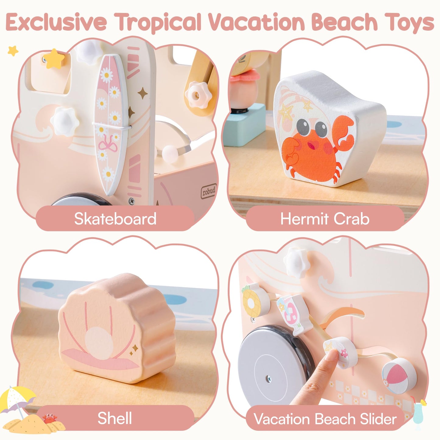 ROBUD Wooden Baby Walker, Height & Speed Adjustable Baby Push Walker with Anti-Slip Wheels, Developmental Activity Center with Ocean Vacation Theme, Wooden Walkers for Babies Learing to Walk，Pink