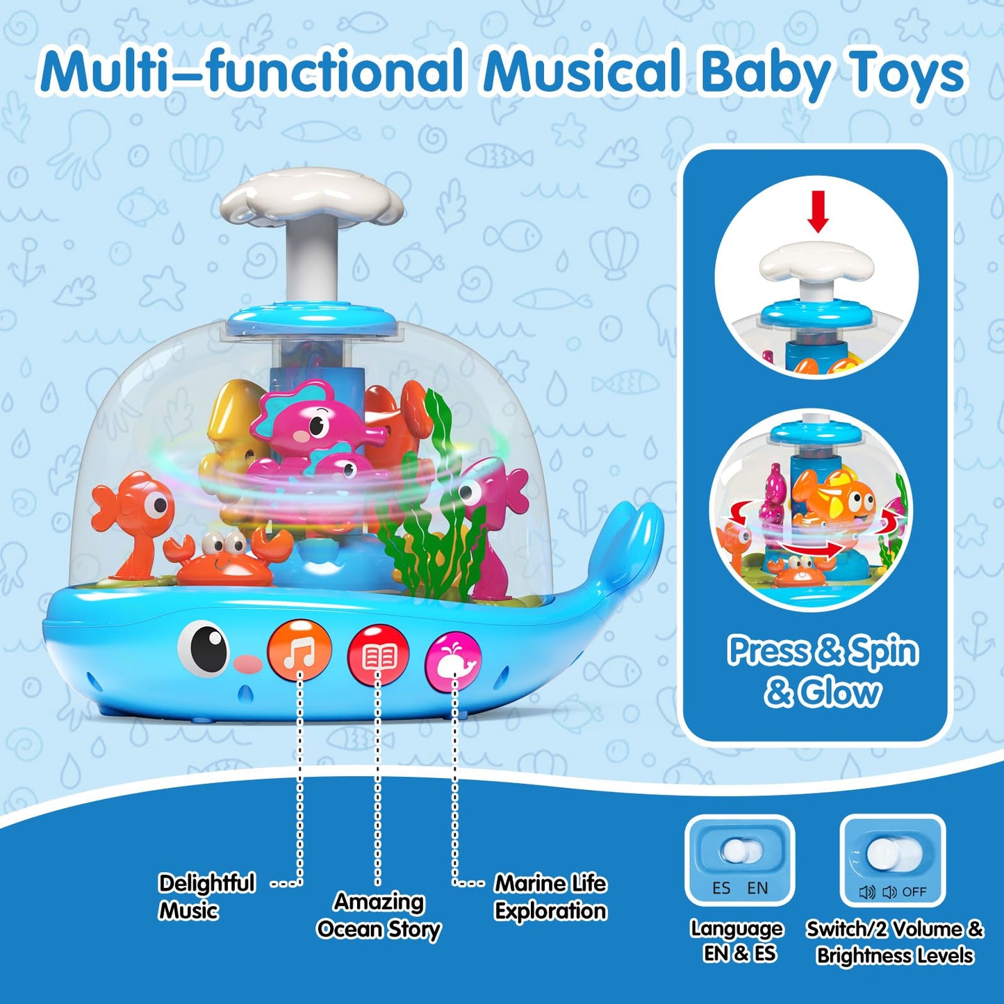 Baby Toys 6-12 Months, Press & Glow & Spin Infant Toys, Cause and Effect Baby Musical Toys Educational Toy for 1 Year Old, 1st Birthday Gifts for 6 7 8 9 10 11 12Month